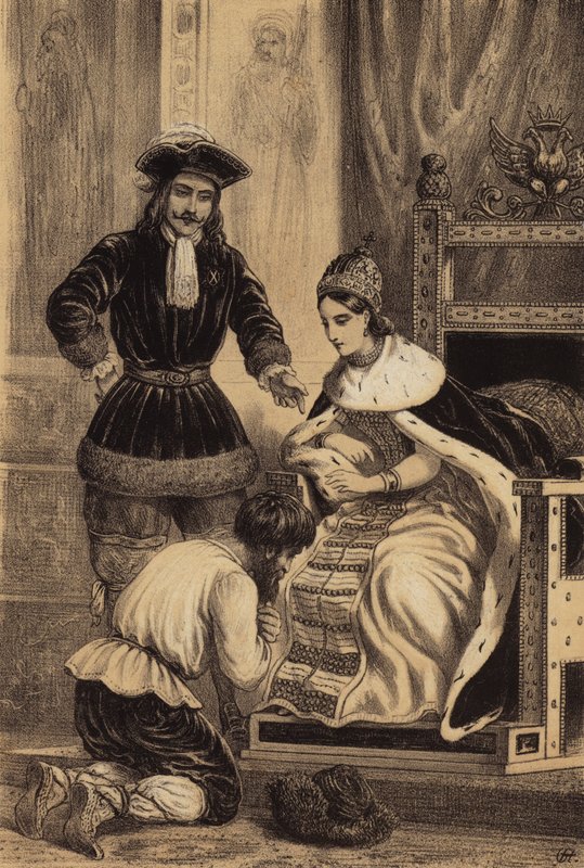 Peter de Grote van Rusland beveelt Karol Skowronski de zoom van de rok van zijn zus, keizerin Catharina I, te kussen door European School