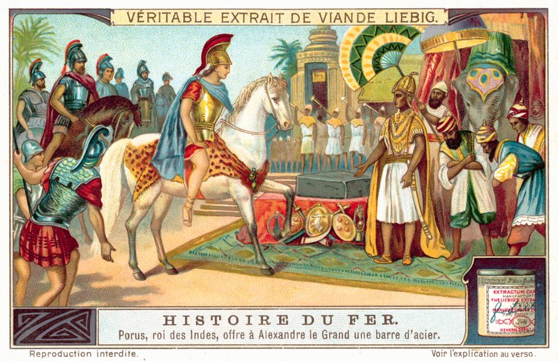Porus, koning van de Pauravas, biedt Alexander de Grote een staaf staal aan door European School