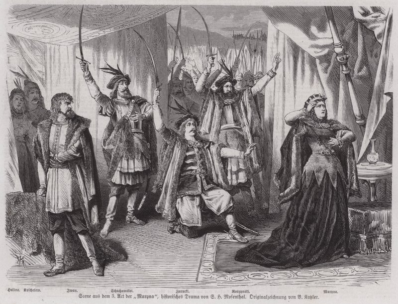 Scène uit Act III van de historische drama Maryna van de Duitse toneelschrijver Salomon Hermann Mosenthal door European School