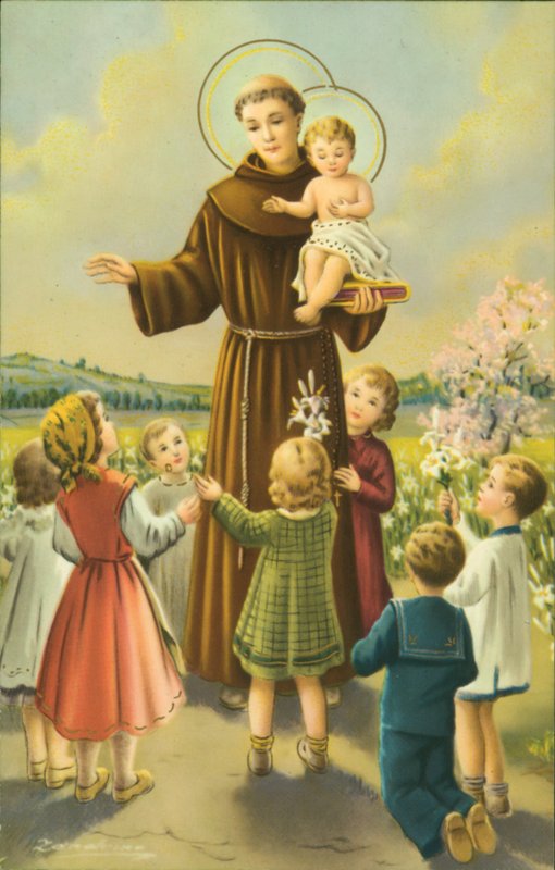 Franciscus van Assisi met het kindje Jezus en kinderen (kleurenlitho) door European School