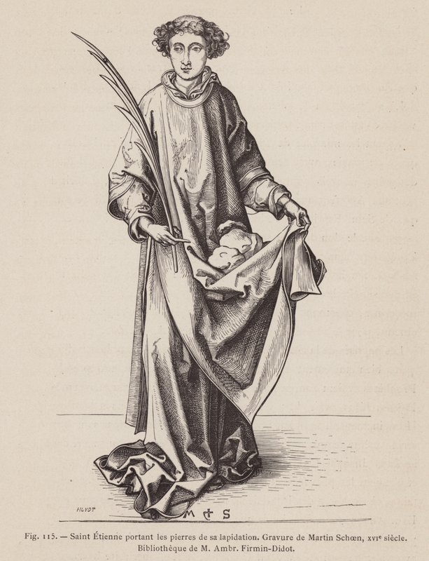 St. Stefanus draagt een martelaarspalm en de stenen gebruikt in zijn martelaarschap (gravure) door European School