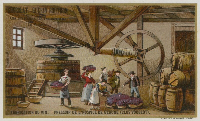 Wijnmaken: wijnpers van de Hospices de Beaune, Clos de Vougeot, Bourgondië, Frankrijk door European School