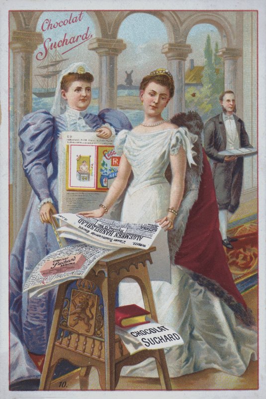 Vrouw met een krant, advertentie voor Suchard chocolade door European School