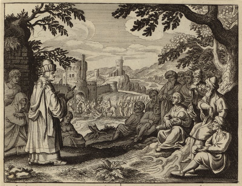 Zacharia waarschuwt de Joden tegen het herhalen van de zonden van hun vaders (gravure) door European School