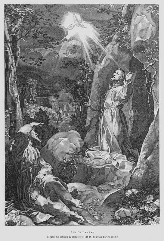St. Franciscus van Assisi ontvangt zijn stigmata door Federico Fiori (after) Barocci or Baroccio