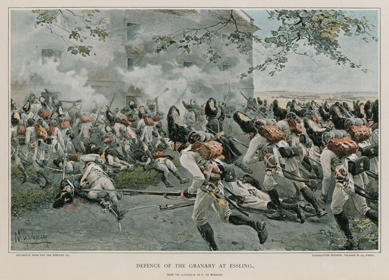 Verdediging van de graanschuur in Essling door Felicien baron de Myrbach Rheinfeld
