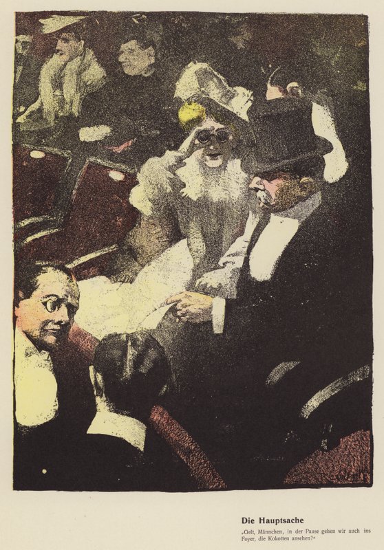 Vrouw die door een operakijker in het theater kijkt door Ferdinand von Reznicek