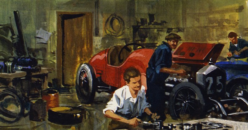 Juan-Manuel Fangio was een leerling van coureur Viggiano (kleurenlitho) door Ferdinando Tacconi