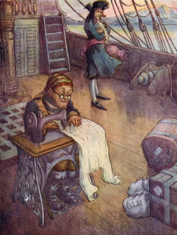 Smee, de bootsman aan het werk op zijn naaimachine (kleur litho) door Flora White