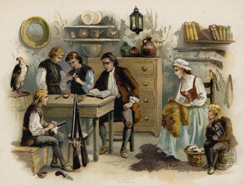 Scène uit De Zwitserse Familie Robinson: Vader leest voor aan de familie in Rock Castle door Florence Maplestone