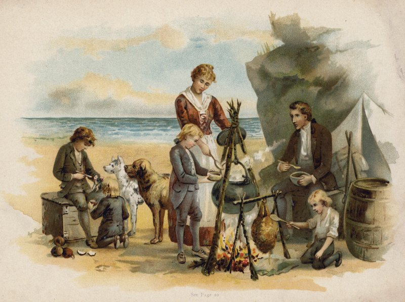 Scène uit De Zwitserse Familie Robinson: etenstijd na de eerste expeditie door Florence Maplestone