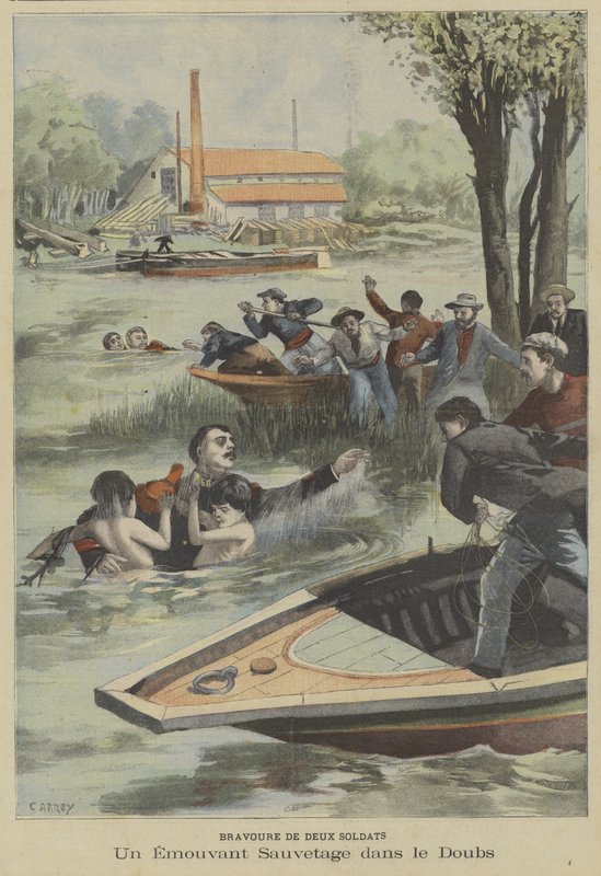 Moedige redding uit de rivier de Doubs door twee Franse soldaten door Fortune Louis Meaulle