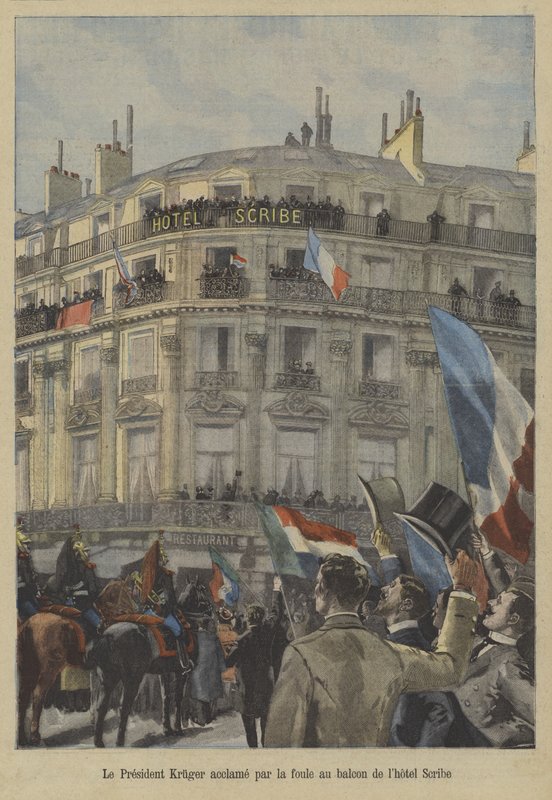 Paul Kruger, voormalig president van Transvaal, op het balkon van het Hotel Scribe in Parijs, ontvangt de toejuiching van de menigte door Fortune Louis Meaulle