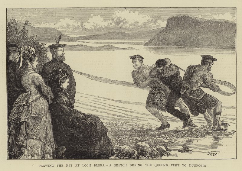 Het Net Trekken bij Loch Brora, een Schets tijdens het Bezoek van de Koningin aan Dunrobin door Francis S. Walker