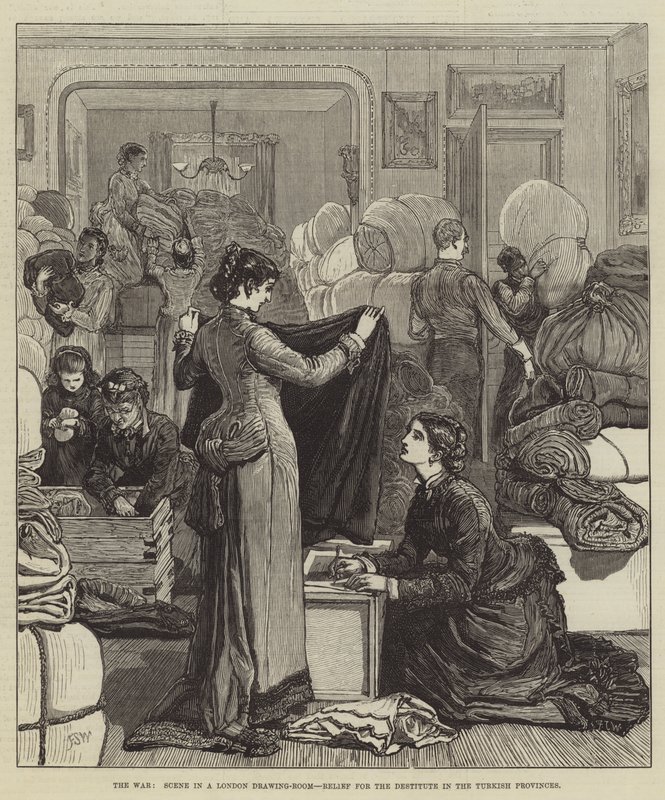 De oorlog, scène in een Londense salon, hulp voor de behoeftigen in de Turkse provincies door Francis S. Walker