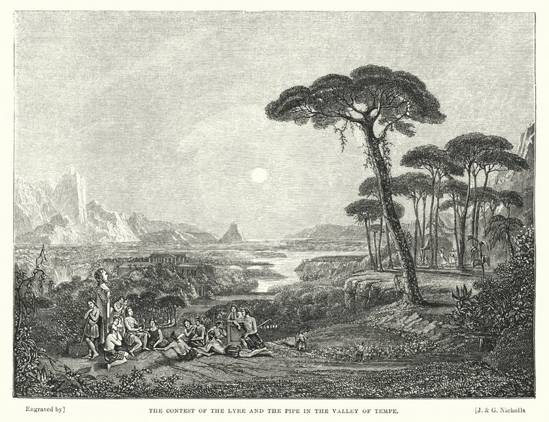 De wedstrijd van de lier en de pijp in de vallei van Tempe (gravure) door Francis (after) Danby