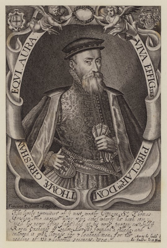 Sir Thomas Gresham, Engelse koopman en financier, oprichter van de Royal Exchange (gravure) door Francis (after) Delaram
