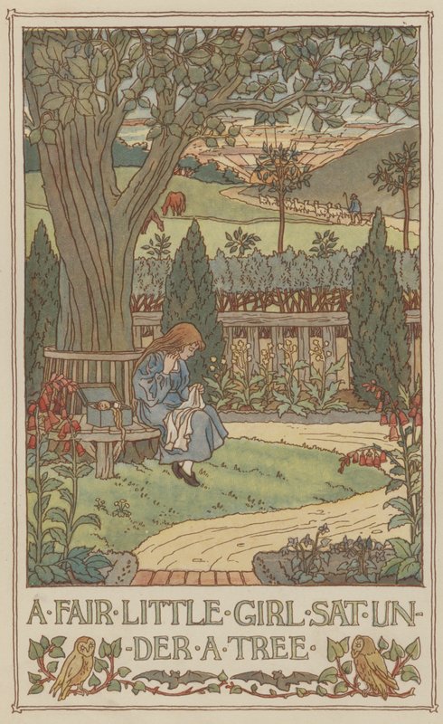 Een mooi klein meisje onder een boom (kleurenlitho) door Francis Donkin Bedford