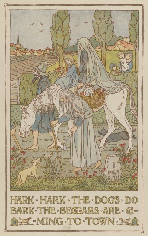 Hark hark de honden blaffen de bedelaars komen naar de stad (kleurenlitho) door Francis Donkin Bedford