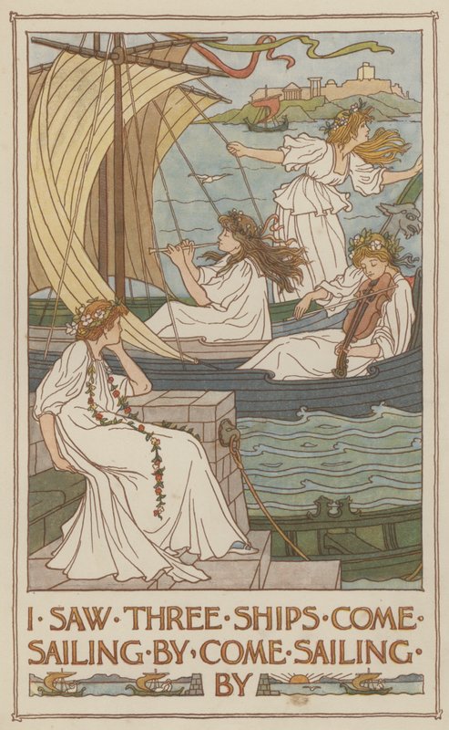 Ik zag drie schepen voorbij varen, voorbij varen (kleurenlitho) door Francis Donkin Bedford