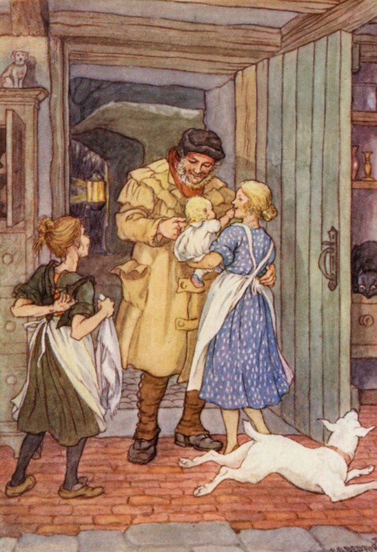 Illustratie voor De krekel op het haardvuur van Charles Dickens (kleurenlitho) door Francis Donkin Bedford