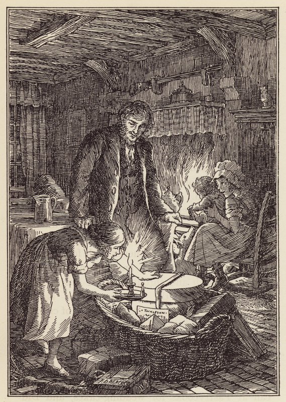 Illustratie voor De krekel op het haardvuur van Charles Dickens (kleurenlitho) door Francis Donkin Bedford