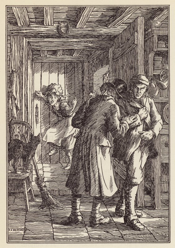 Illustratie voor De krekel op het haardvuur van Charles Dickens (kleurenlitho) door Francis Donkin Bedford
