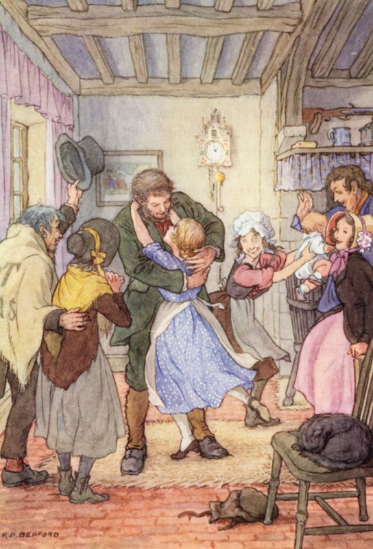 Illustratie voor De krekel op het haardvuur van Charles Dickens (kleurenlitho) door Francis Donkin Bedford