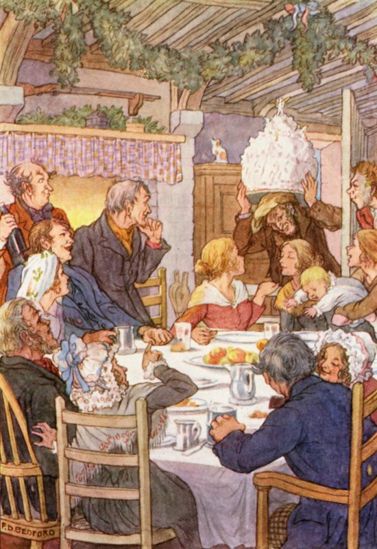 Illustratie voor De krekel op het haardvuur van Charles Dickens (kleurenlitho) door Francis Donkin Bedford