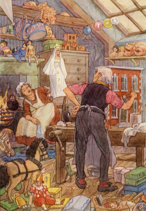 Illustratie voor De krekel op het haardvuur van Charles Dickens (kleurenlitho) door Francis Donkin Bedford