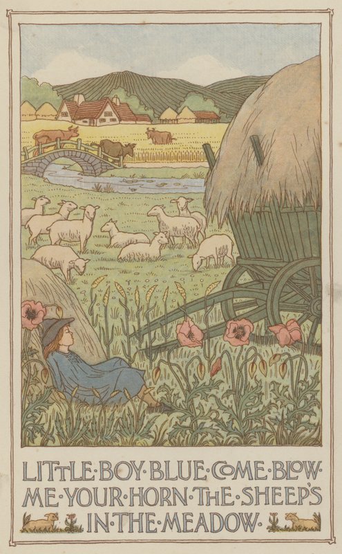 Little Boy Blue kom blaas op je hoorn de schapen staan in de wei (kleurenlitho) door Francis Donkin Bedford