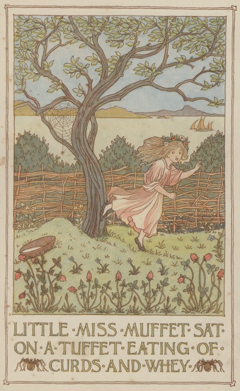 Little Miss Muffet zat op een tuffet te eten van wrongel en wei (kleurenlitho) door Francis Donkin Bedford