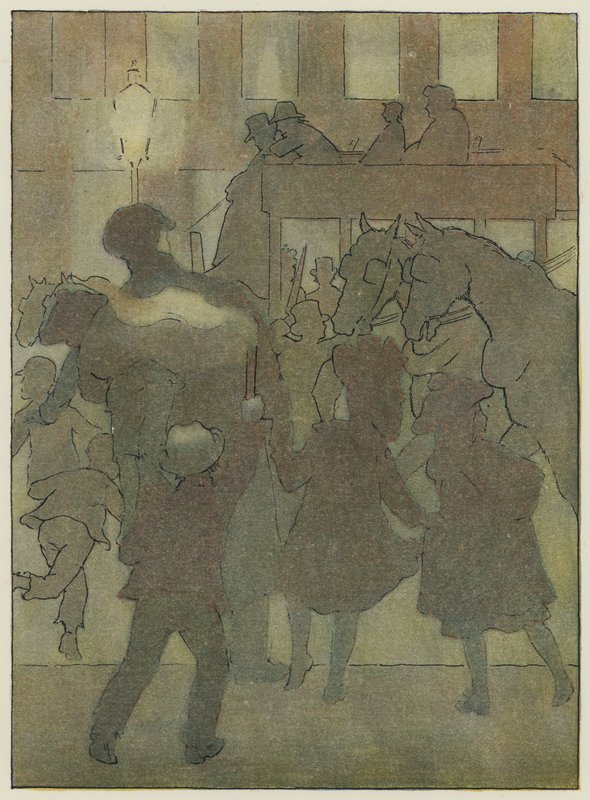 Londen: In een Londense mist (kleurenlitho) door Francis Donkin Bedford