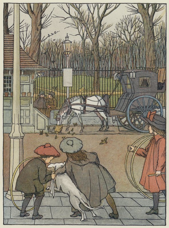 Londen: London Sparrows at Dinner (kleurenlitho) door Francis Donkin Bedford