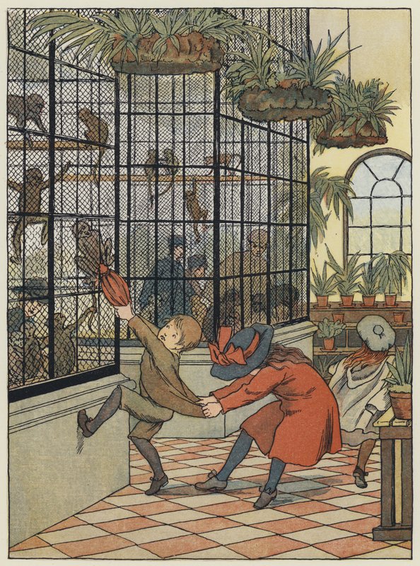 Londen: The Monkey House (kleurenlitho) door Francis Donkin Bedford