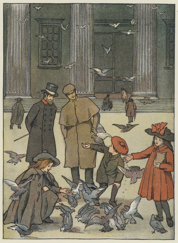 Londen: The Museum Pigeons (kleurenlitho) door Francis Donkin Bedford