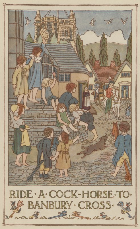 Rijd met een hanenpaard naar Banbury Cross (kleurenlitho) door Francis Donkin Bedford
