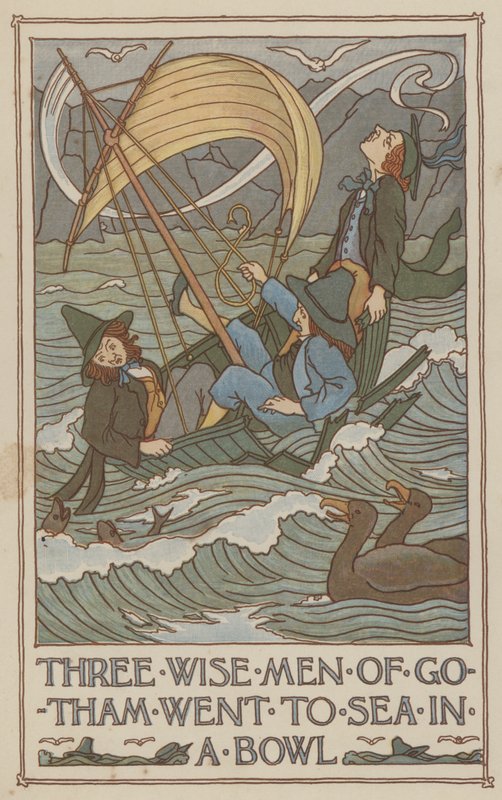 Drie wijze mannen van Gotham gingen naar zee in een kom (kleurenlitho) door Francis Donkin Bedford