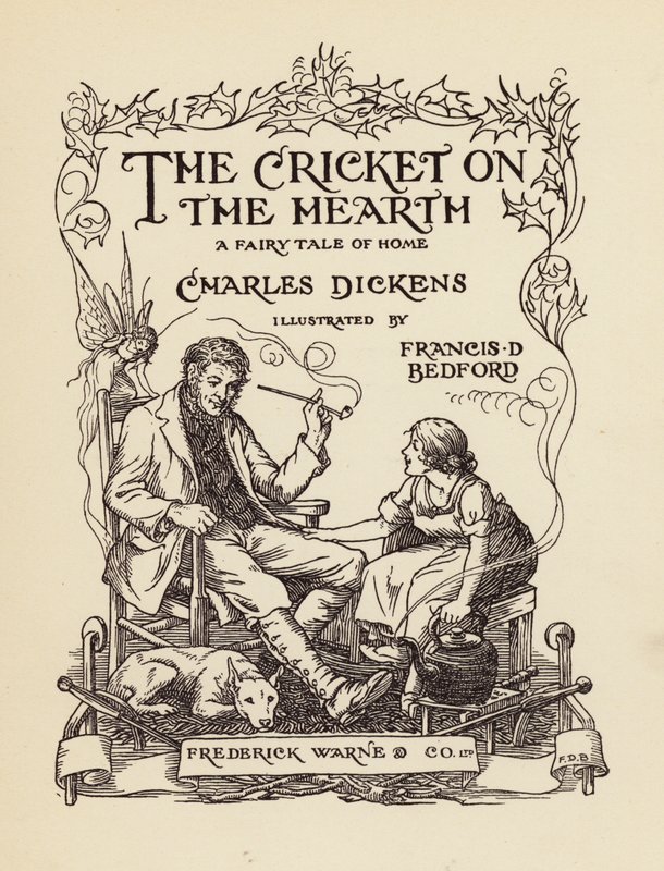 Titelpagina-illustratie voor The Cricket on the Hearth van Charles Dickens (kleurenlitho) door Francis Donkin Bedford