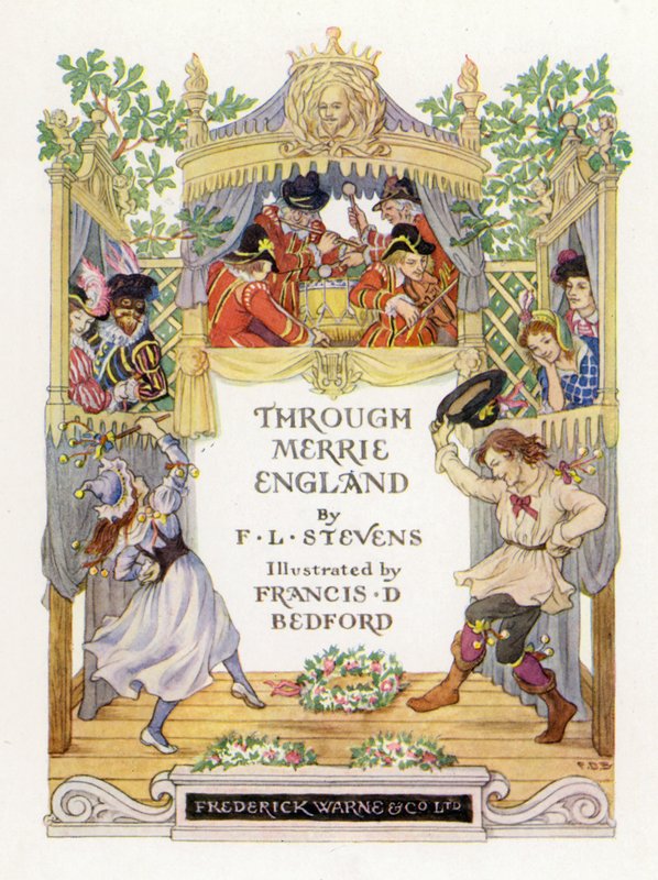 Titelpagina-illustratie voor Through Merrie England (kleurenlitho) door Francis Donkin Bedford
