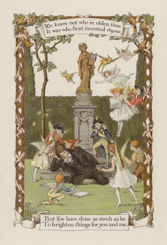 We weten niet wie in oude tijden / Het was die voor het eerst rijm uitvond (kleurenlitho) door Francis Donkin Bedford