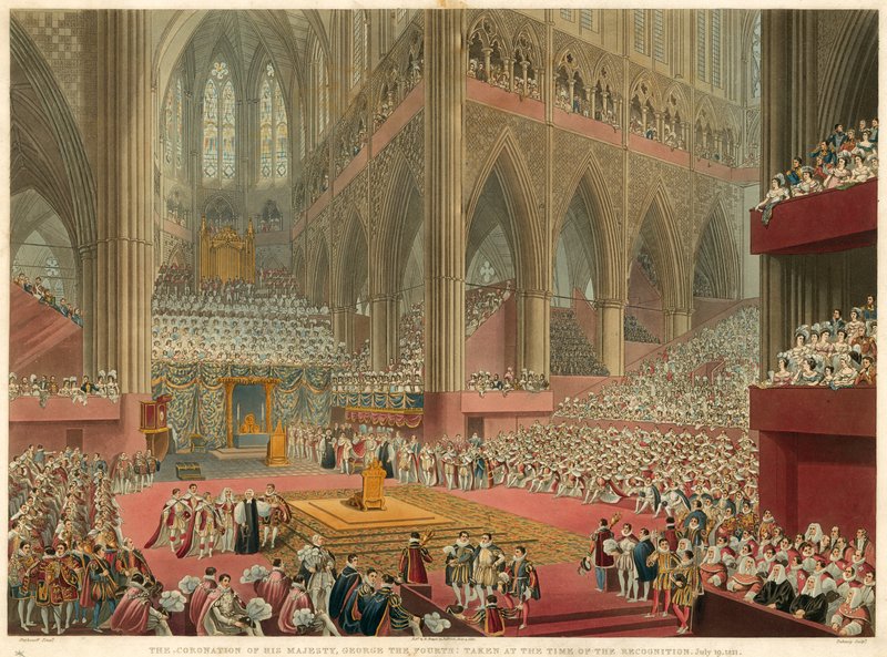 De kroning van Zijne Majesteit George IV, genomen op het moment van de erkenning, 19 juli 1821 door Francis Phillip Stephanoff