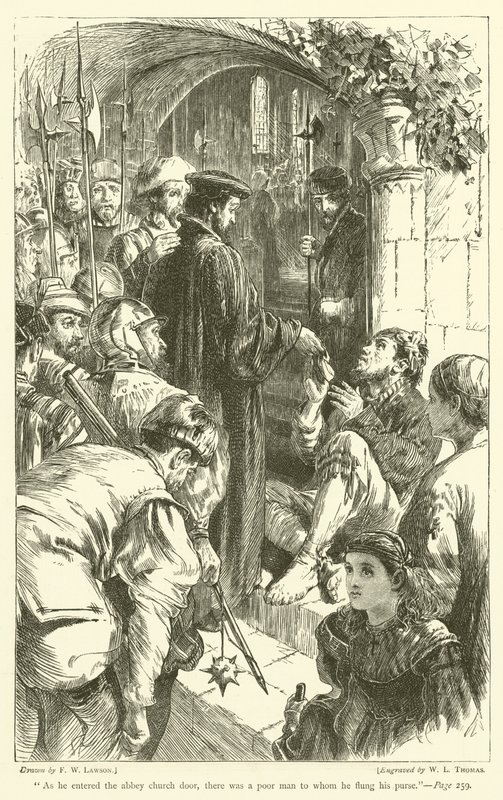 Toen hij de abdijkerk binnenging, was er een arme man aan wie hij zijn beurs gooide door Francis Wilfred Lawson