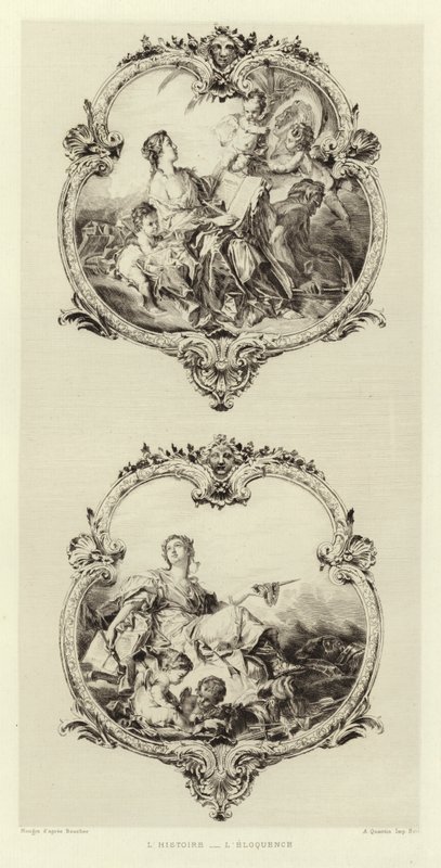 De geschiedenis, De welsprekendheid (gravure) door Francois (after) Boucher