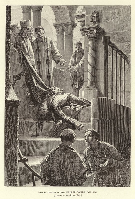 De dood van Karel de Goede, Graaf van Vlaanderen, Brugge door Francois Edouard (after) Zier