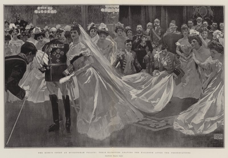 Het hof van de koning in Buckingham Palace, hun Majesteiten verlaten de balzaal na de presentaties door Frank Craig