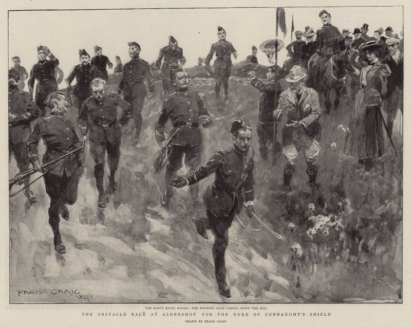De hindernisrace in Aldershot voor het schild van de hertog van Connaught door Frank Craig
