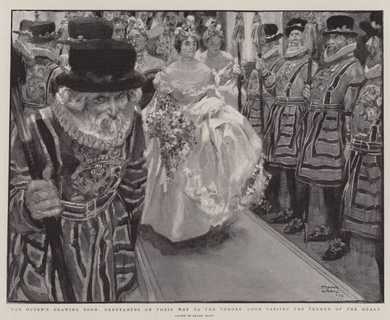De tekenkamer van de koningin, debutanten op weg naar de troonzaal langs de Yeomen of the Guard door Frank Craig