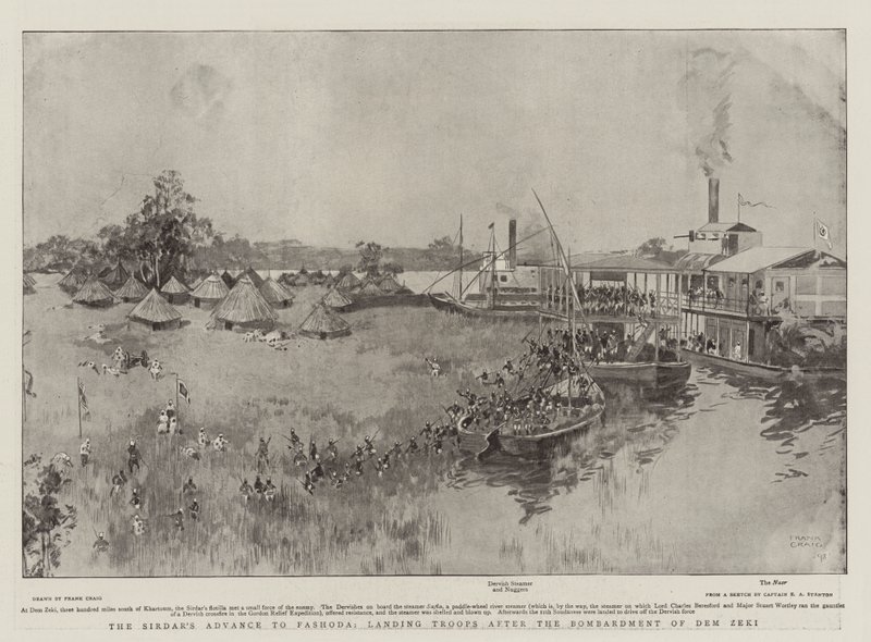De Vooruitgang van de Sirdar naar Fashoda, het Landen van Troepen na het Bombardement van Dem Zeki door Frank Craig
