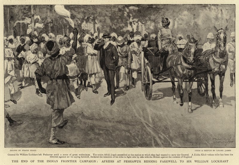 Het einde van de Indiase Frontier-campagne, Afridis in Peshawur nemen afscheid van Sir William Lockhart door Frank Craig